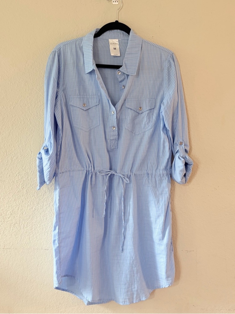 Serra woman’s Light Blue Pinstriped Cotton Shirt Dress size M nautical coastal